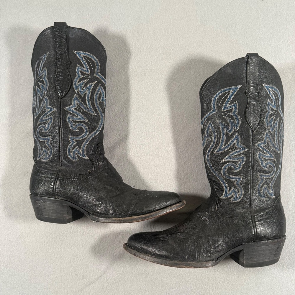 Vtg Cowtown Cowboy Boots Mens 8.5D Black Ostrich Leather Western Blue Stitch USA